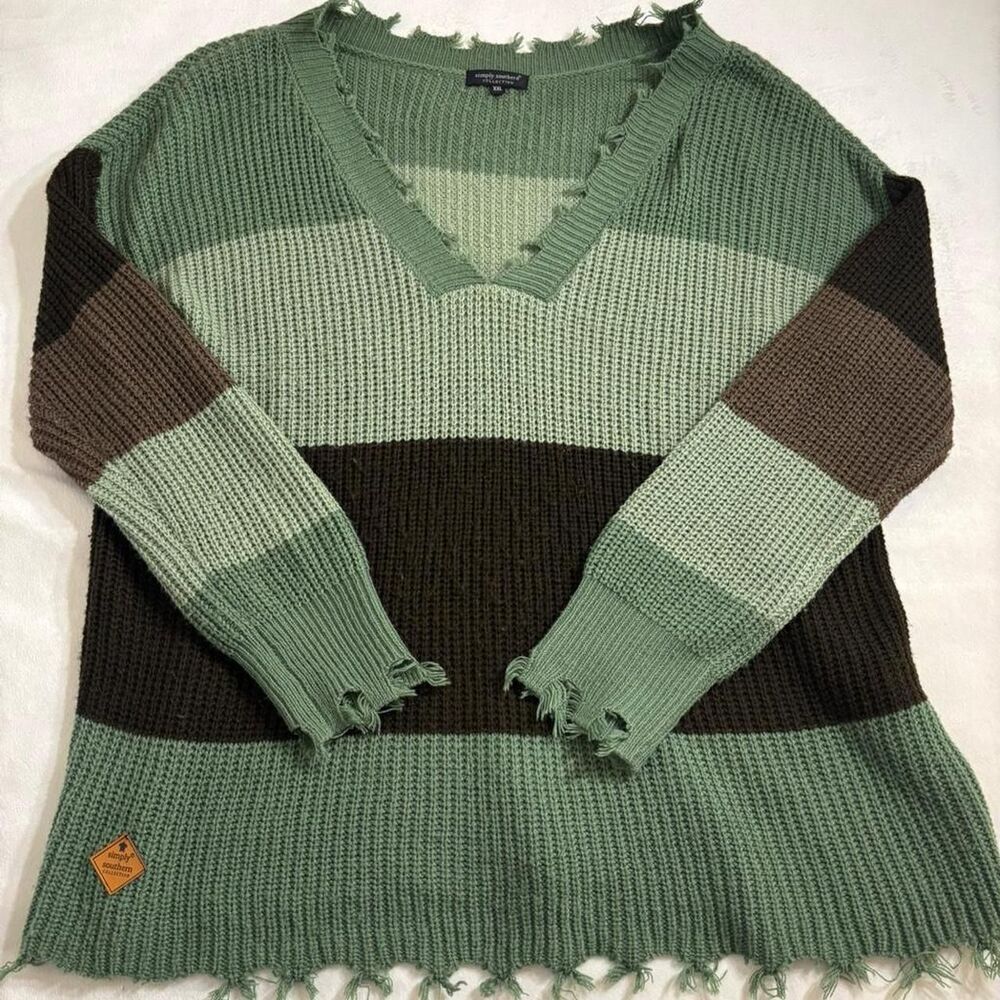 Simply Southern Plus Size Striped Distressed Sweater | XXL